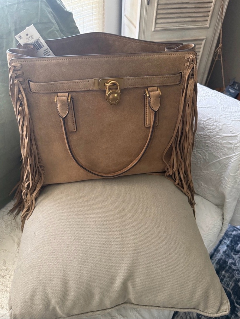 Michaels Kors Tan Suede Fringe Tote with Gold Hardware
